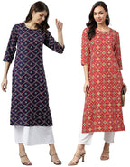 ANNI DESIGNER Women's Crepe Straight Printed Kurta Pack of 2 (PAGA Combo_029_M_Navy Blue & Red_Medium)