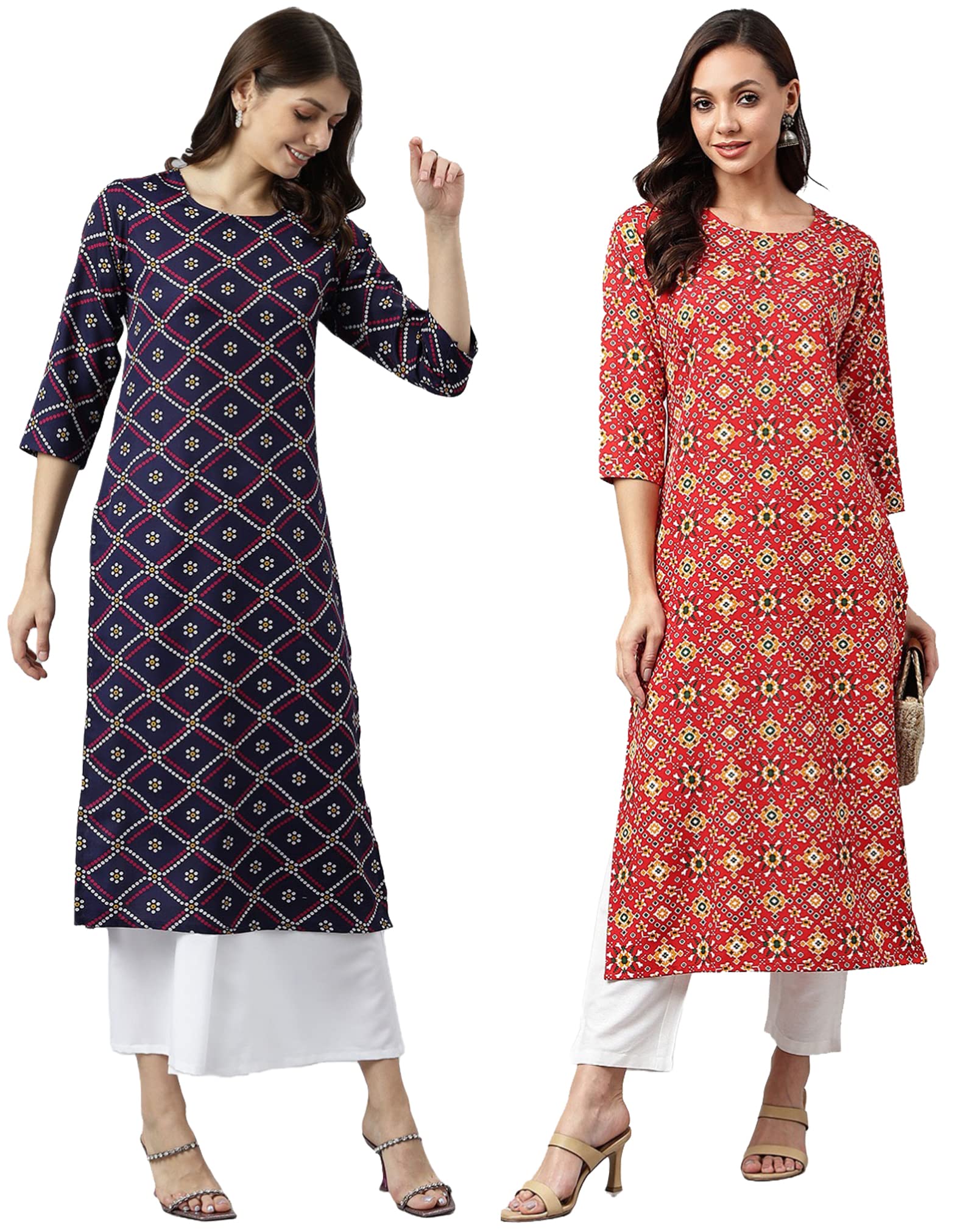 ANNI DESIGNER Women's Crepe Straight Printed Kurta Pack of 2 (PAGA Combo_029_M_Navy Blue & Red_Medium)