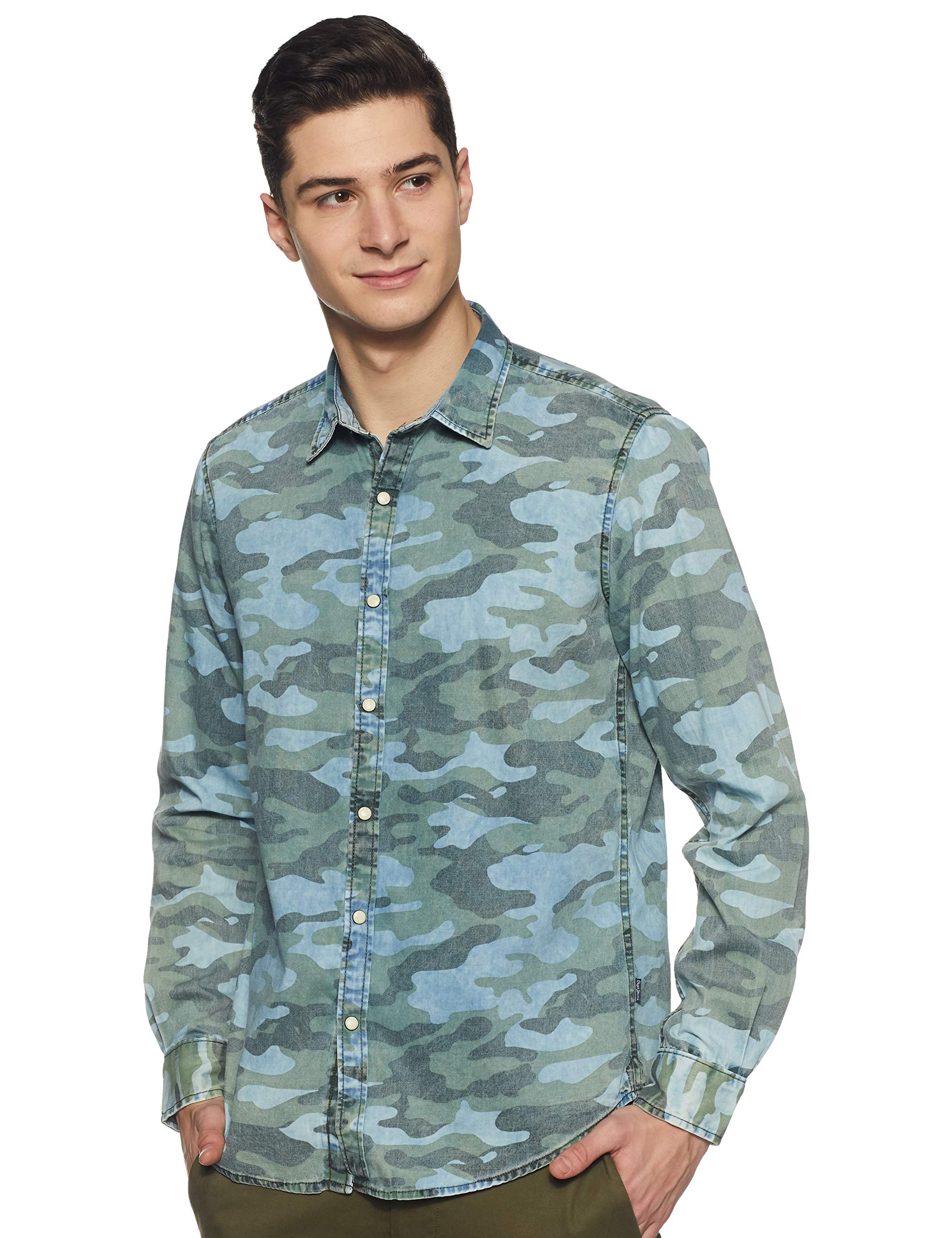 Pepe Jeans MenS Printed Regular Fit Casual Shirt (Pm306028_Olive L)