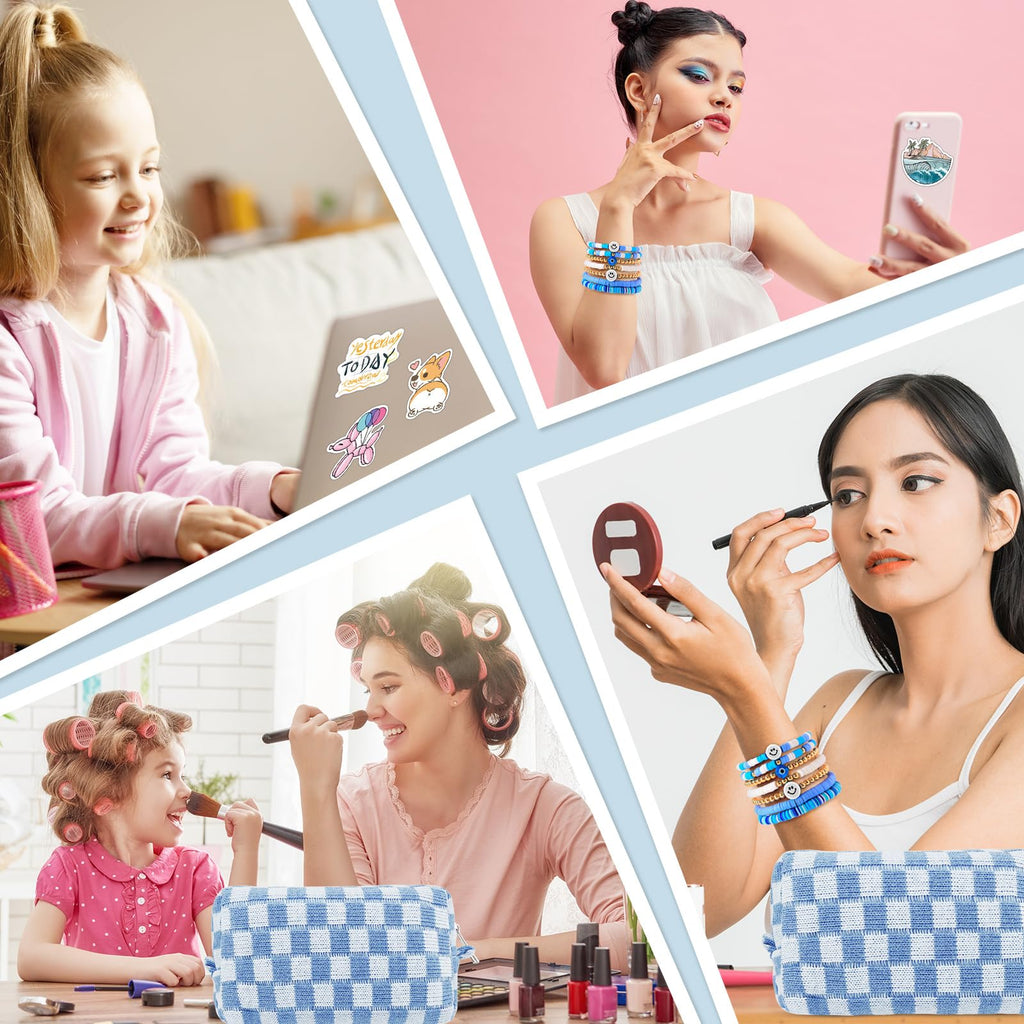 58 Pcs Checkered Makeup Bag Set Preppy Aesthetic Cosmetic Bag Travel Makeup Pouch Toiletry Bag 7 Heishi Surfer Bracelets with 50