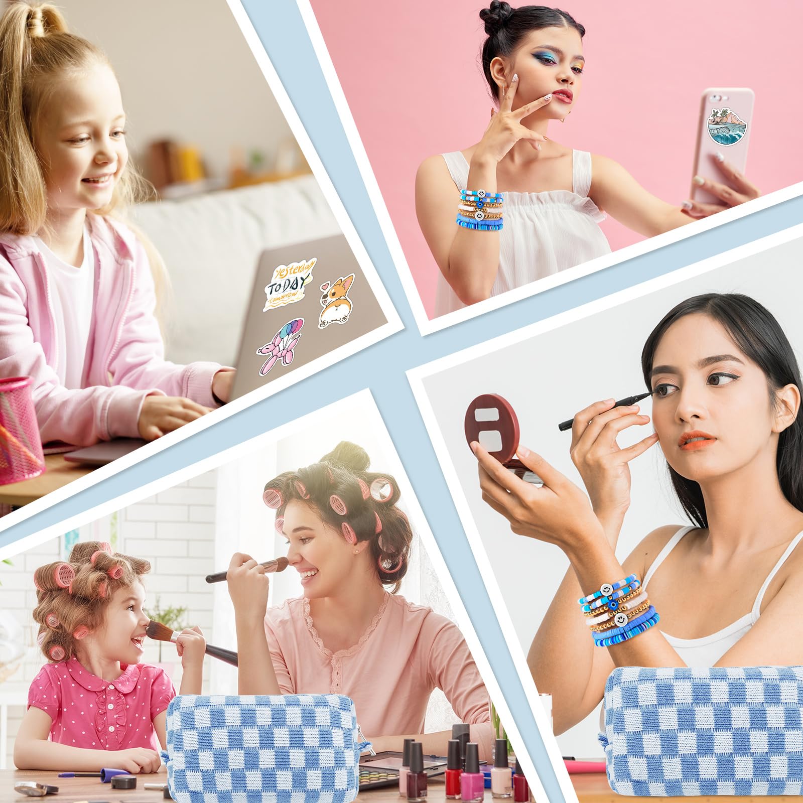 58 Pcs Checkered Makeup Bag Set Preppy Aesthetic Cosmetic Bag Travel Makeup Pouch Toiletry Bag 7 Heishi Surfer Bracelets with 50