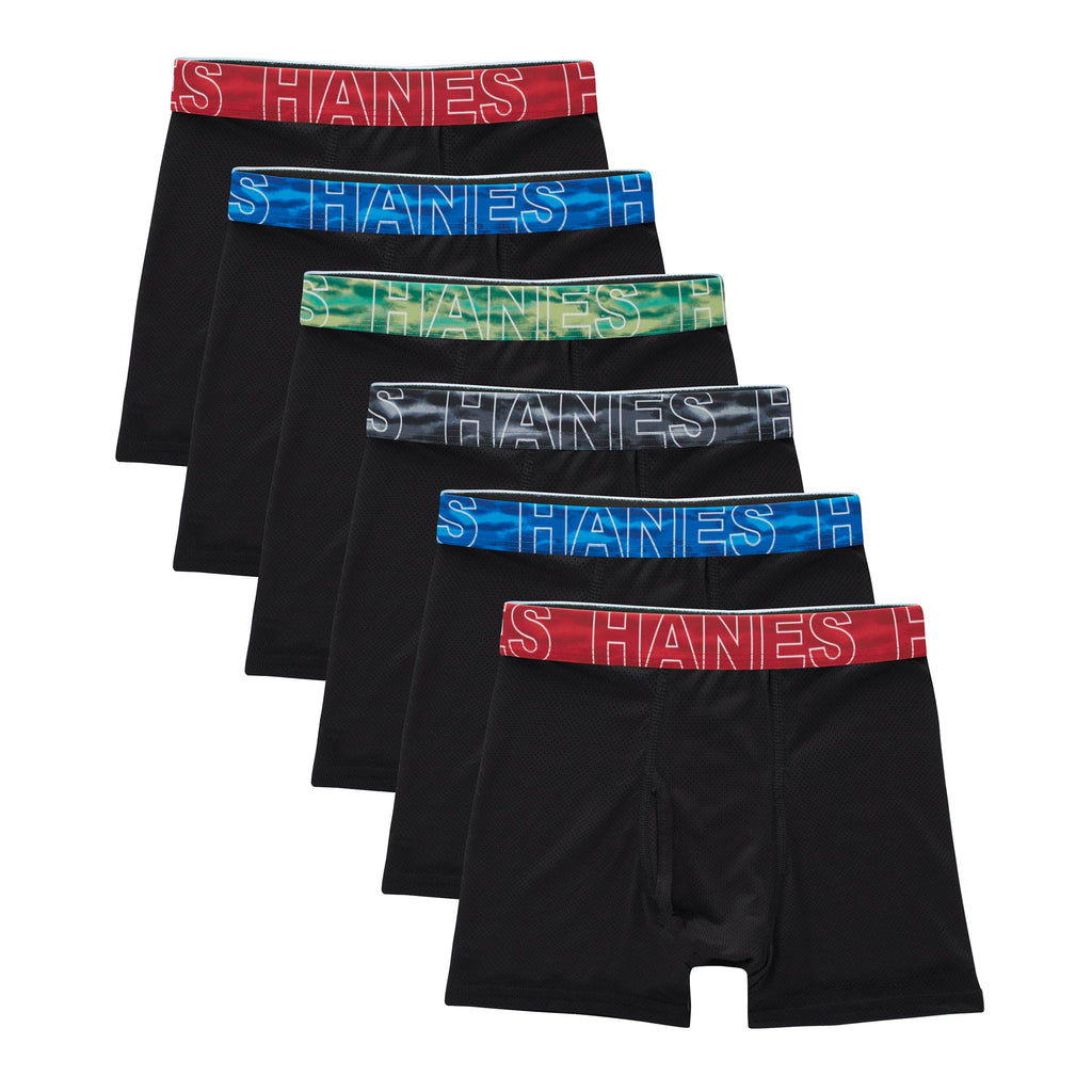 Hanes Boys' Big Performance Tween Boxer Brief Pack, X-Temp Mesh Stretch Underwear, 6-Pack, Black-6 Pack, Medium