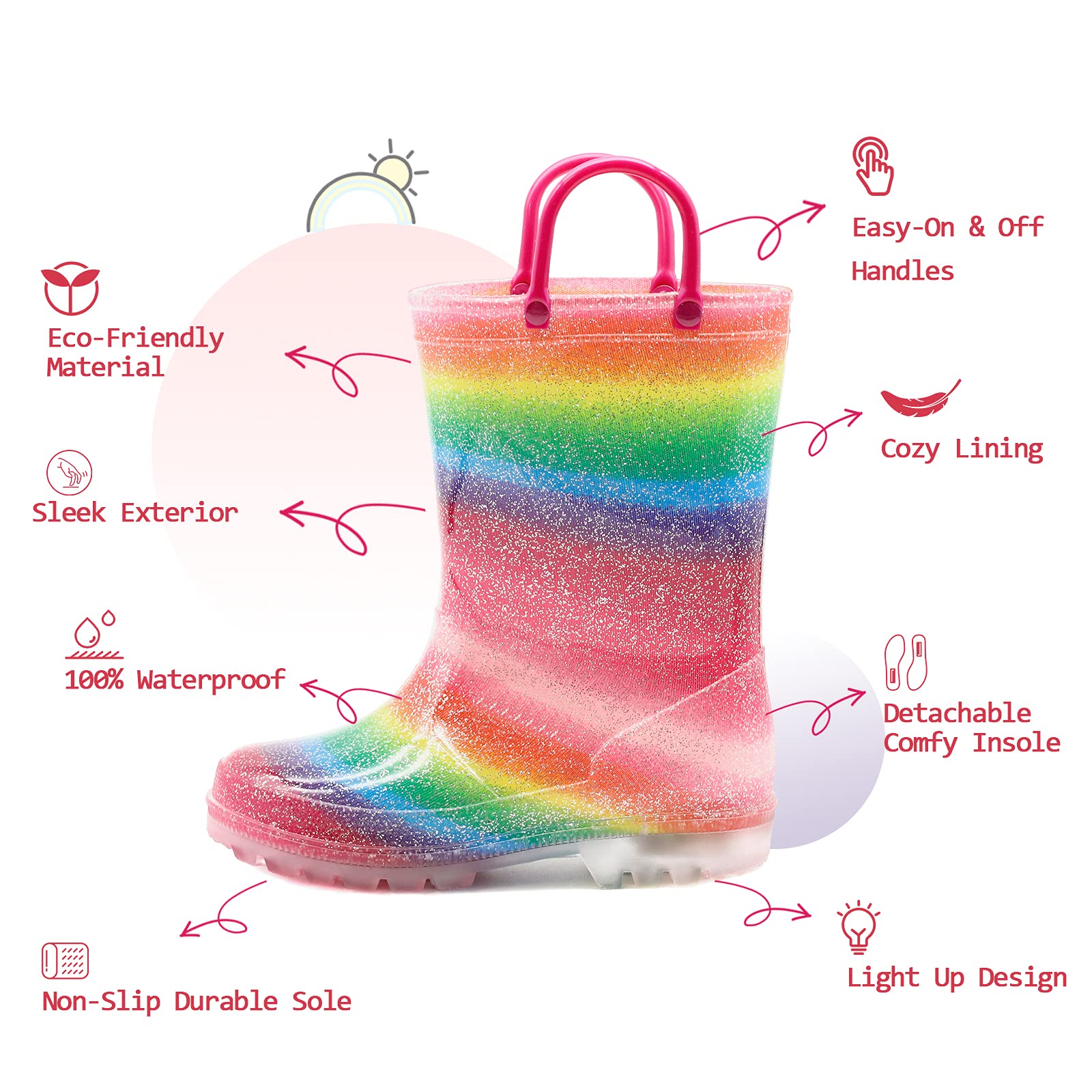 EUXTERPA Toddler-Kids Waterproof Light Up Rain Boots Patterns and Glitter Boots with Handles for Girls Little Kid Size 12 Rainbo