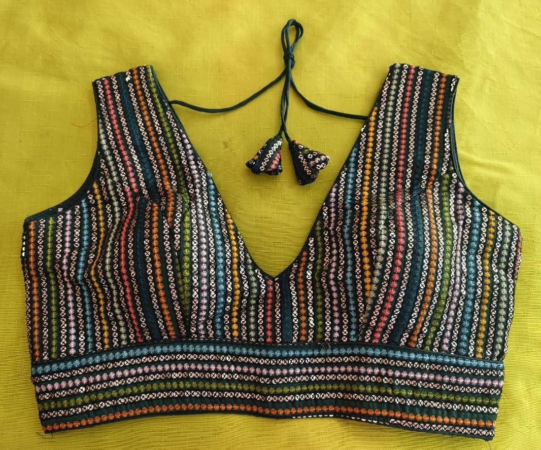 Pujia Mills WomenS Sleeveless Sabyasachi Pattern V Neck Embroidery Work With Sequence Indian Ethnic Wear Readymade Saree Blouse