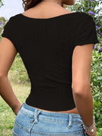 Sugathari Girls & Womens Black Eyelet Embroidery Knitted Square Neck Casual Slim Fit Women T-Shirt, Short Sleeve Schiffli Crop