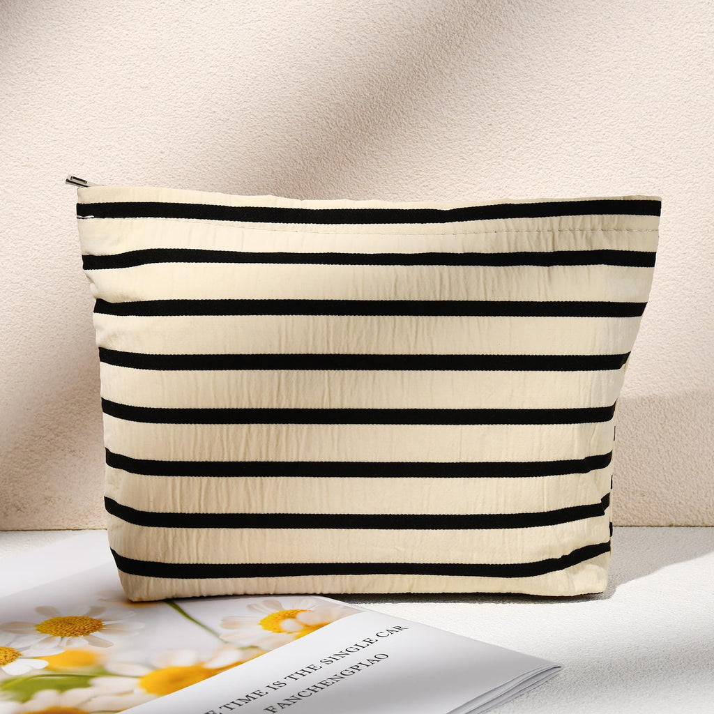 SOIDRAM 2 Pieces Makeup Bag Large Stripe Cosmetic Bag Capacity Canvas Mix Travel Toiletry Bag Organizer Cute Makeup Brushes Aest