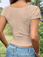 Sugathari Girls & Womens Beige Eyelet Embroidery Knitted Square Neck Casual Slim Fit Women T-Shirt, Short Sleeve Schiffli Crop
