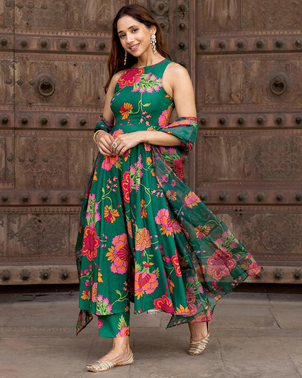GoSriKi Womens Cotton Blend Printed Anarkali Kurta with Pant & Dupatta