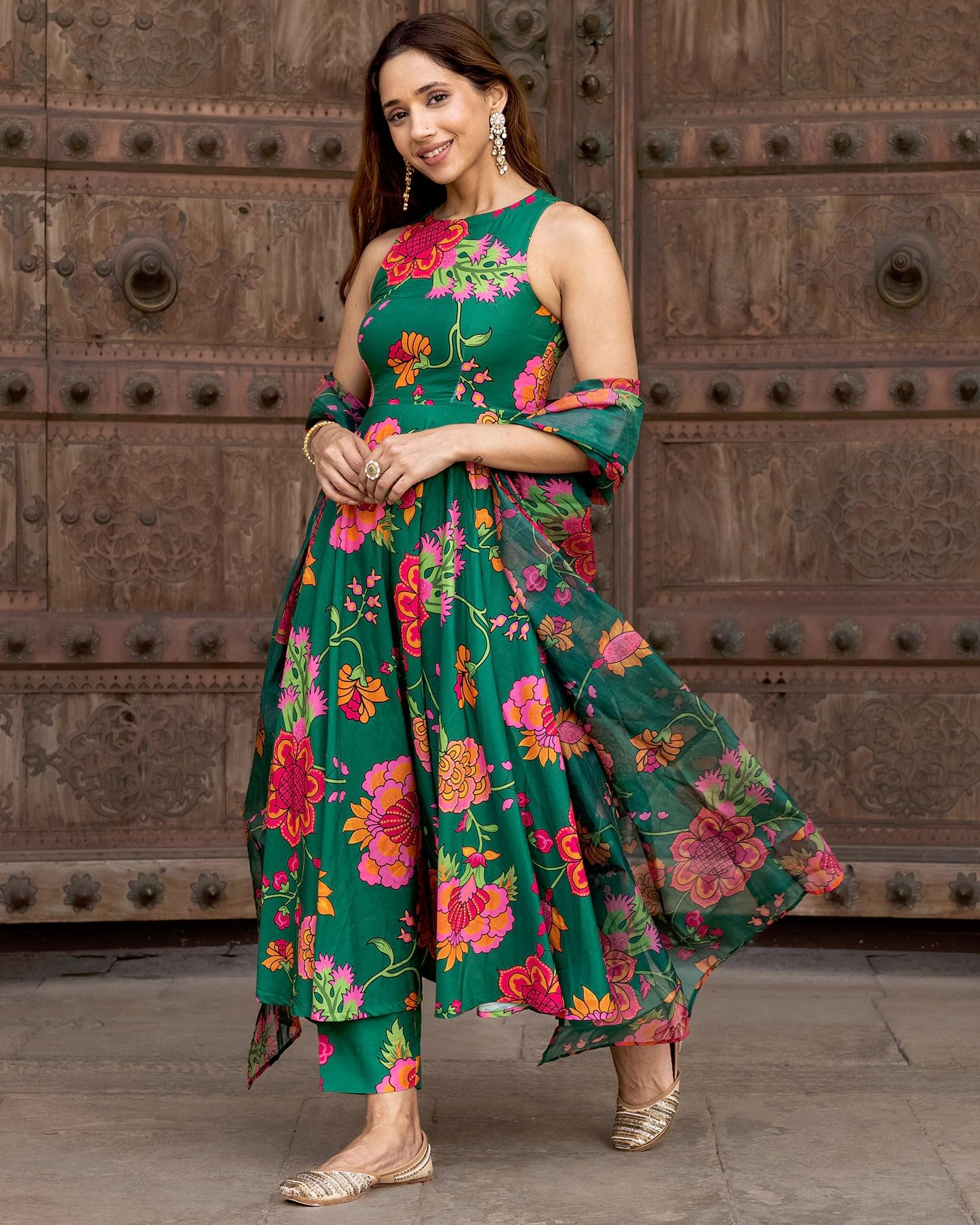 GoSriKi Womens Cotton Blend Printed Anarkali Kurta with Pant & Dupatta
