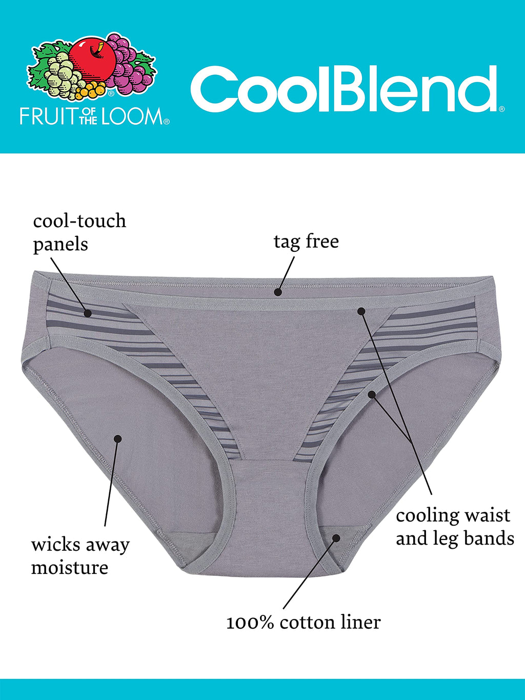 Fruit Of The Loom Womens Breathable Underwear, Moisture Wicking Keeps You Cool & Comfortable, Available Plus Size Bikini, Coolbl