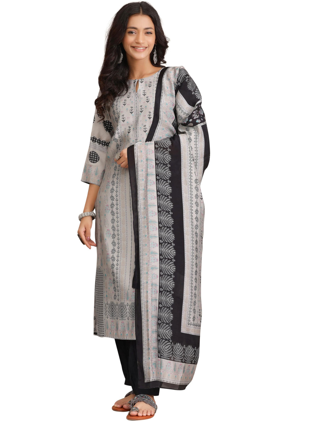 Libas Womens Printed Silk Blend Straight Kurta With Salwar And Dupatta