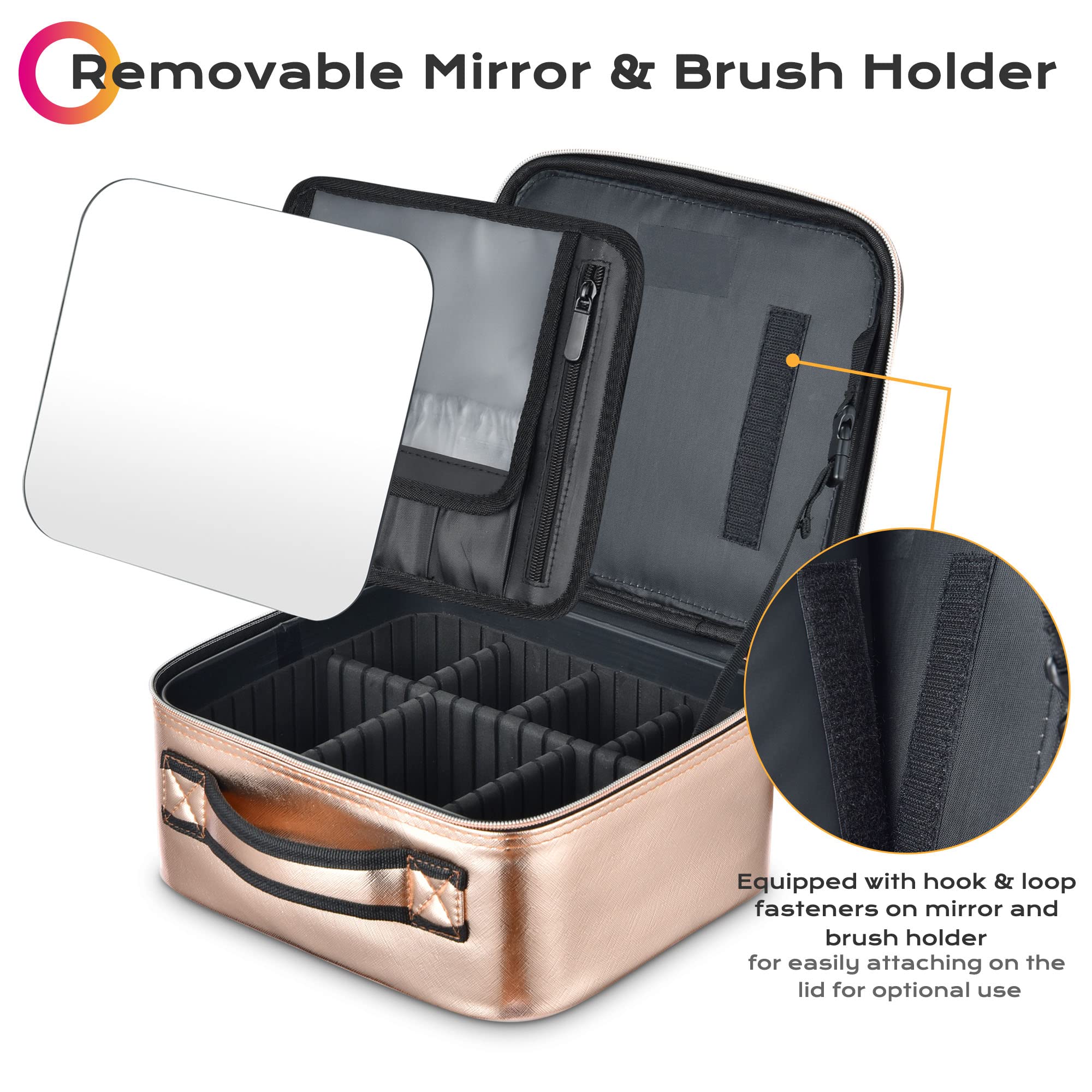 BYOOTIQUE Large Makeup Bag Travel Portable Cosmetic Storage Case with Mirror & Adjustable Dividers Organizer for Cosmetics Makeu