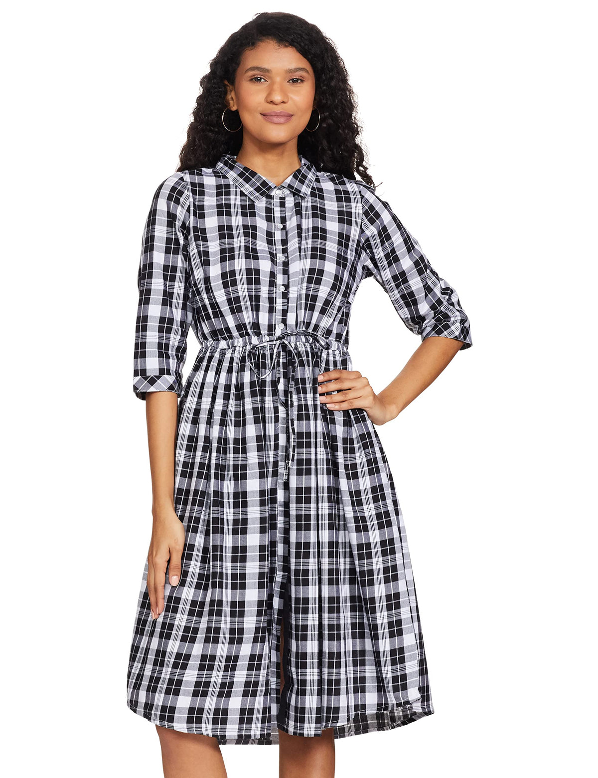 Aurelia WomenS Cotton Black Mandarin Neck Yarn-Dyed Dress Knee-Length (21Fea11522-701449 Xl)