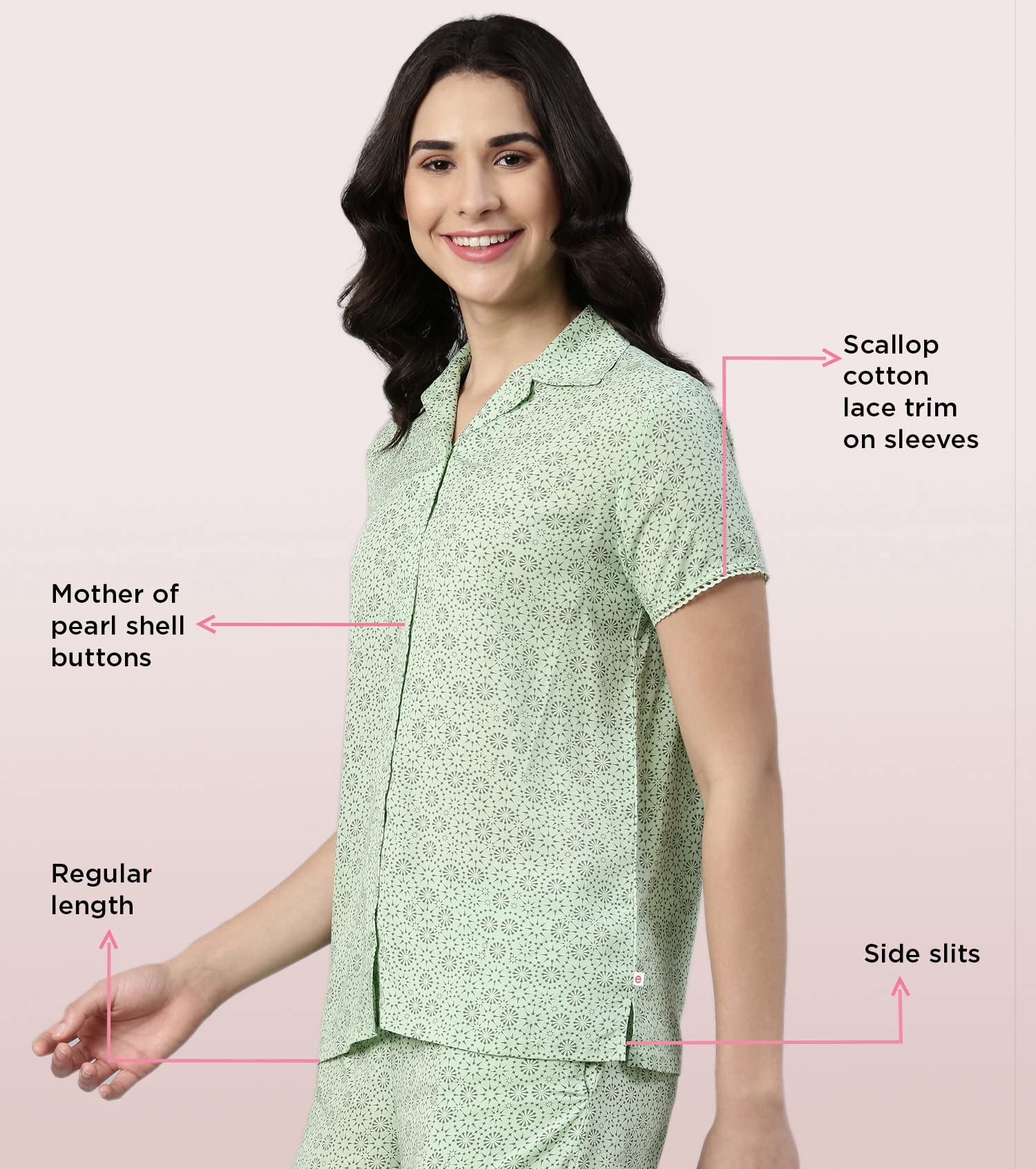 Enamor EC13 Printed Slounge Shirt and Shorts Set for Women with Scallop Lace Trim