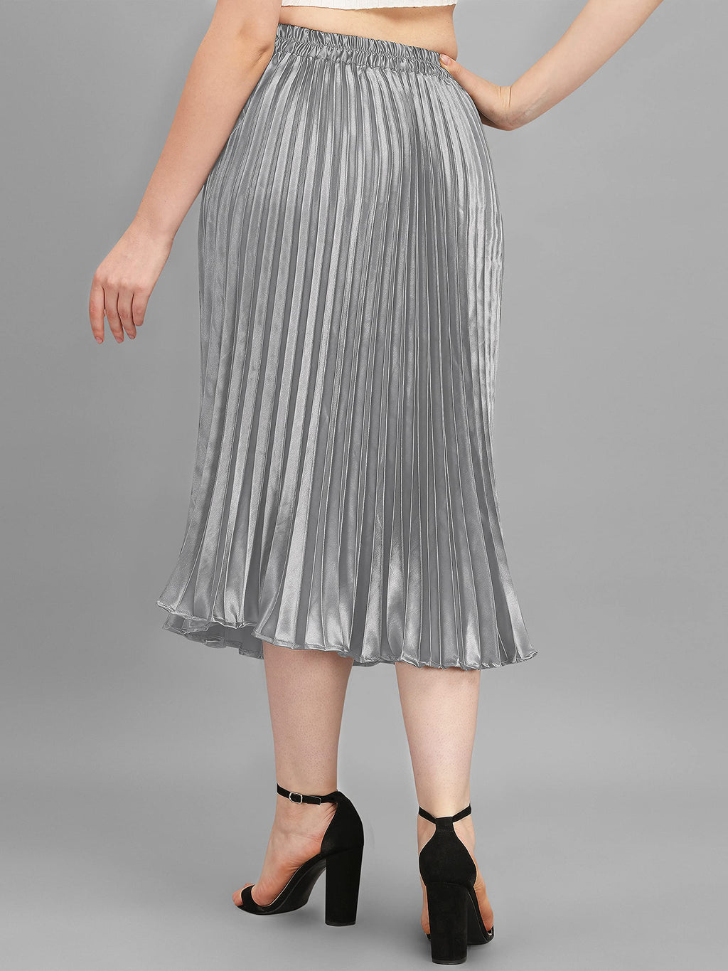 Kzully | Elegant Ensemble Satin Midi Skirts For Women & Girls Silver