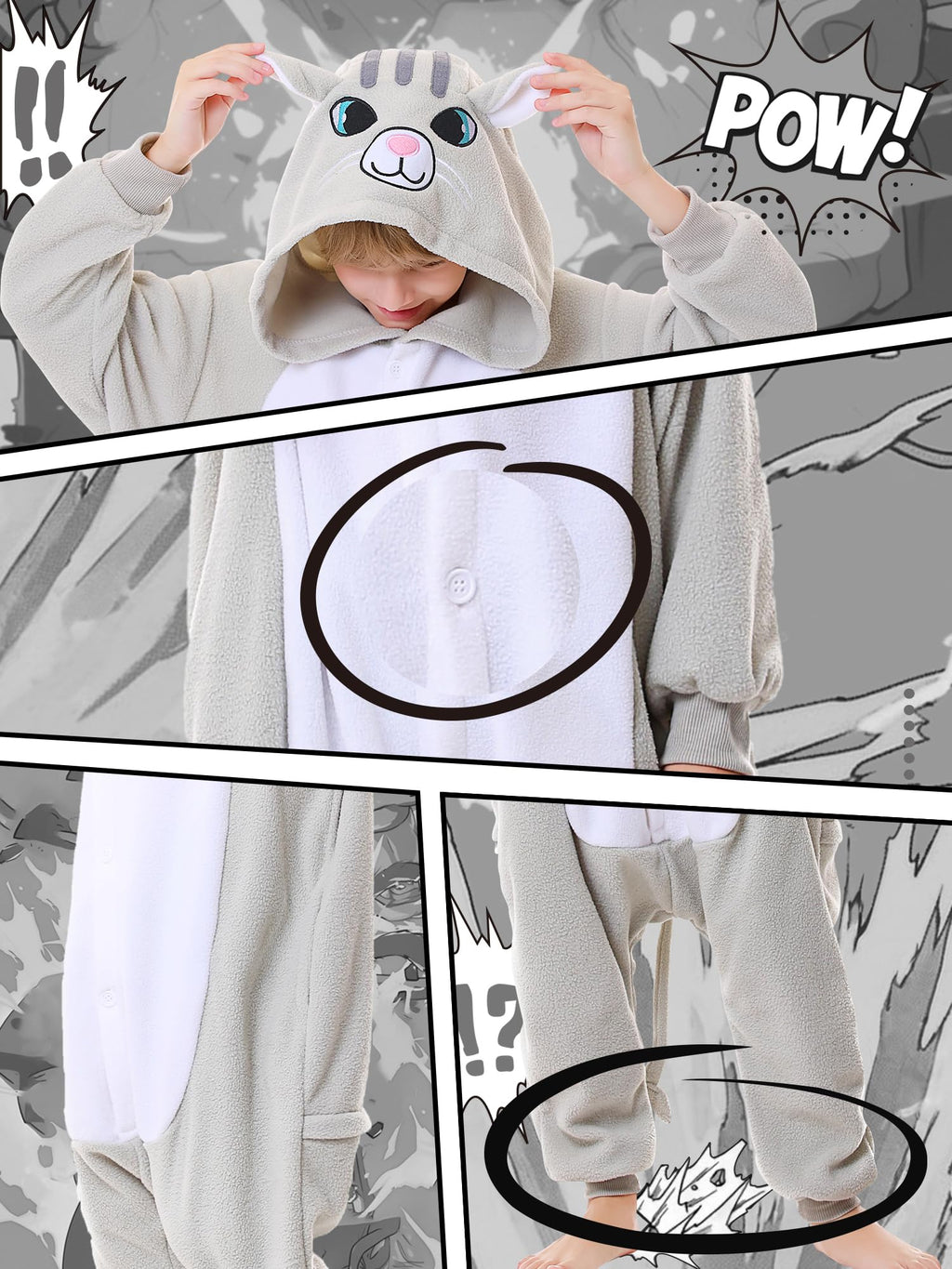 CANASOUR Cat Onesie Kids Halloween Cosplay Costume Girls One Piece Pjs Anime Unisex Hoodie Pajamas Grey For 8-10 Years Boys Part