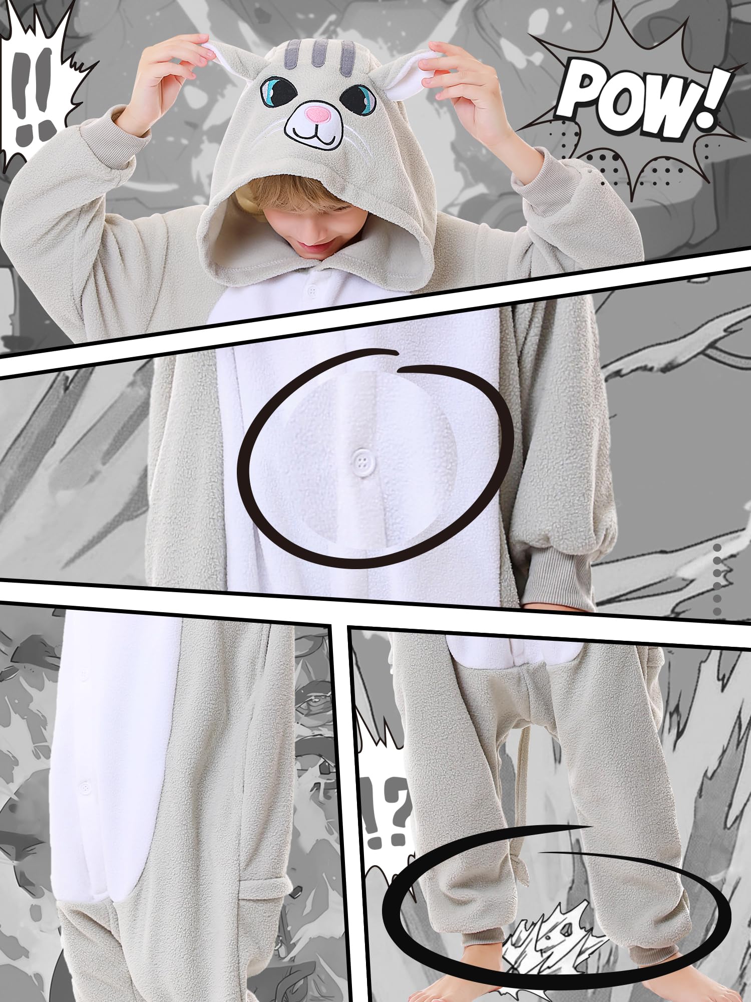 CANASOUR Cat Onesie Kids Halloween Cosplay Costume Girls One Piece Pjs Anime Unisex Hoodie Pajamas Grey For 8-10 Years Boys Part