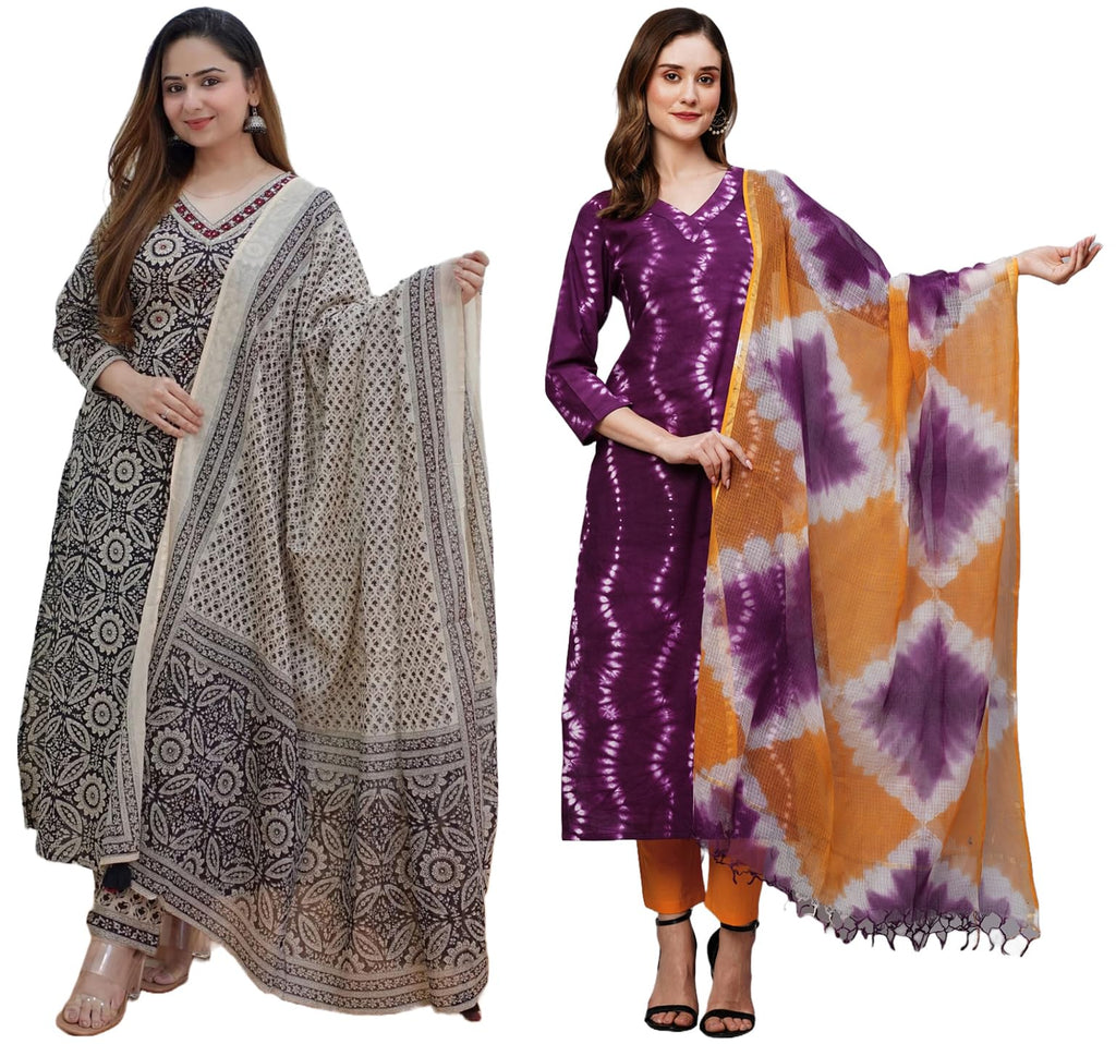 ANNI DESIGNER Ladies Cotton Blend Dupatta Kurta Trousers Pack of 2, multi-coloured, M