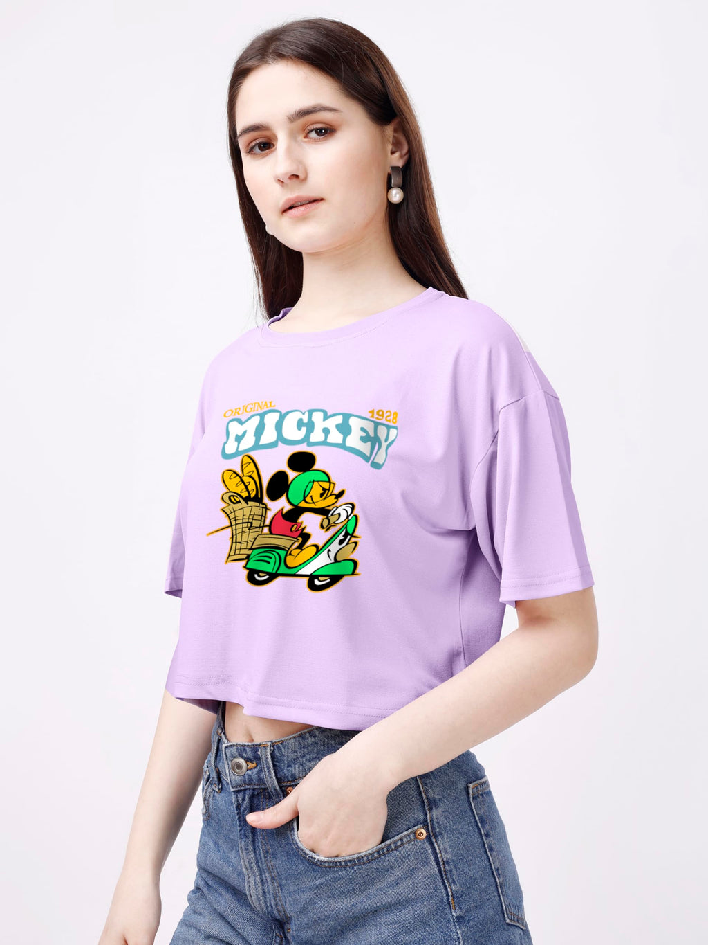 ELLITI Soft Rich Cotton Lavender/Purple Half Sleeve | Round Neck | Oversized/Loose Fit | Down Solder | Micky Crop Top for Women