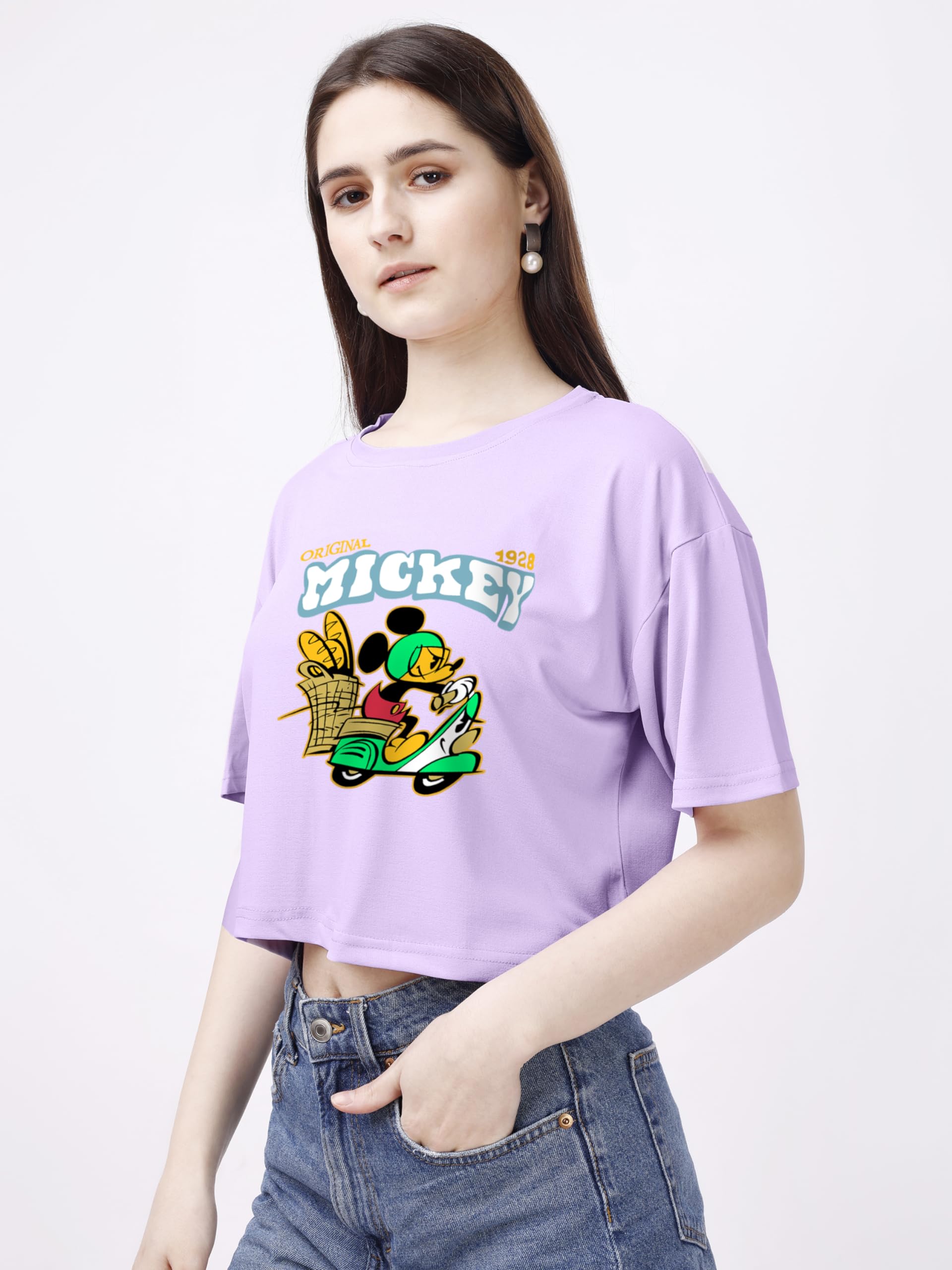 ELLITI Soft Rich Cotton Lavender/Purple Half Sleeve | Round Neck | Oversized/Loose Fit | Down Solder | Micky Crop Top for Women