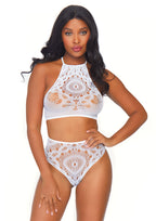 Leg Avenue 2PC Crochet lace halter crop t White Color