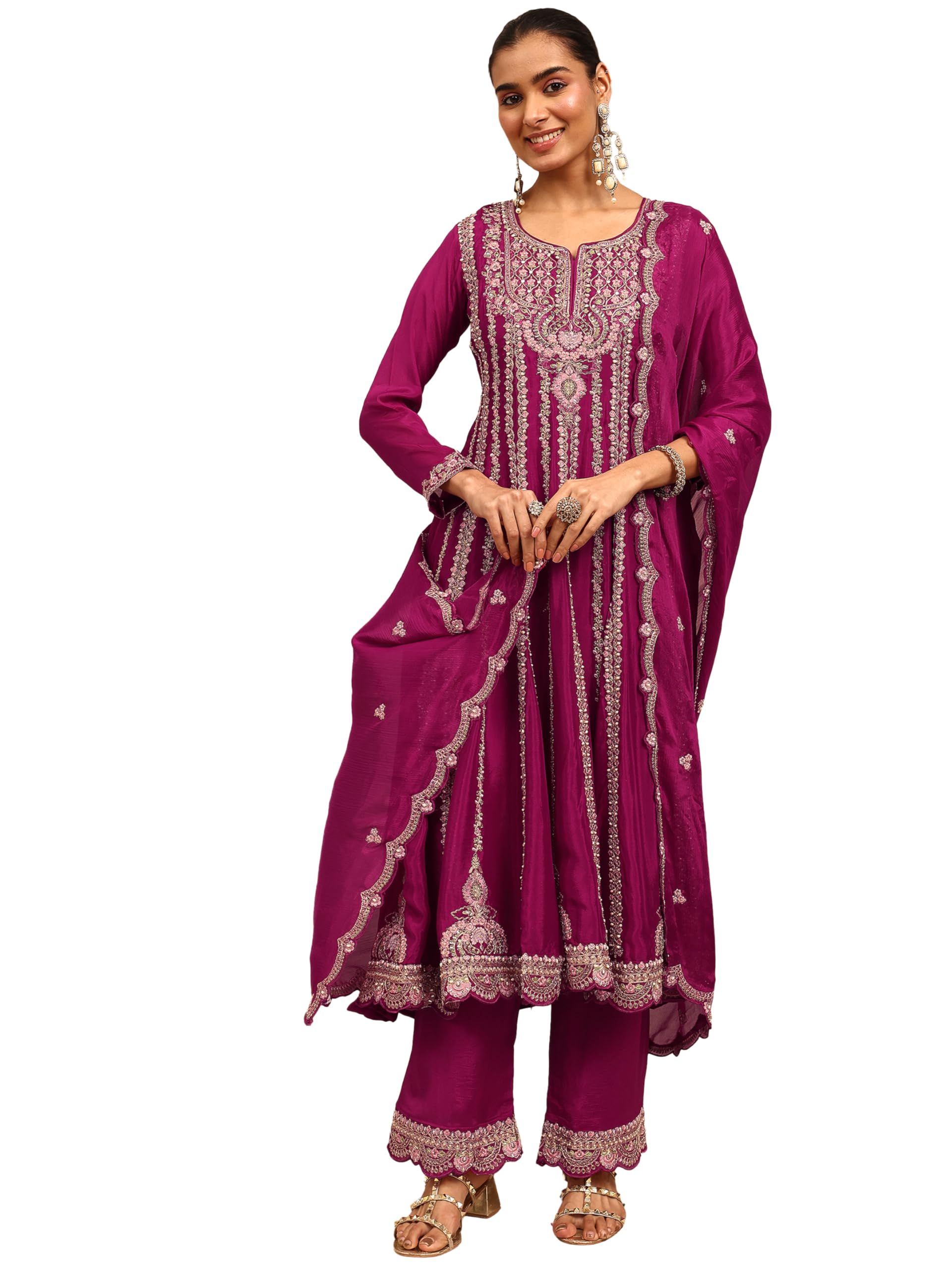 Libas Art Embellished Chinon Anarkali Kurta With Palazzos and Dupatta