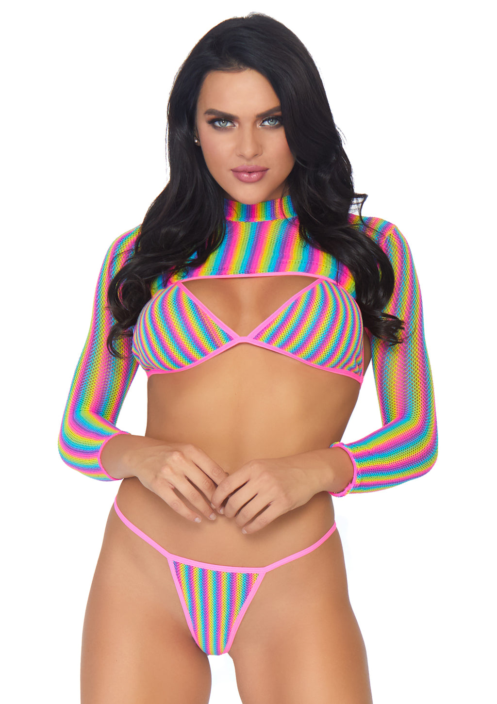 Leg Avenue 3 PC Rainbow fishnet bikini to Multicolor Color