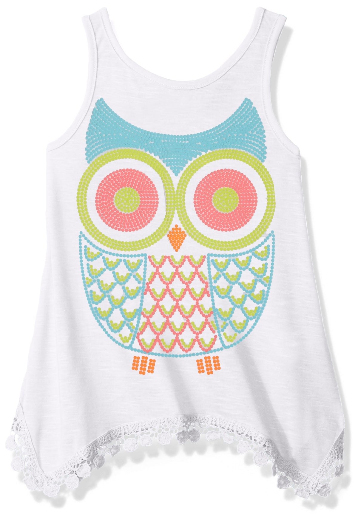 Derek Heart Girls Big HiLo Scoop Neck Sharkbite Tank With Front Artwork, White, L14 14