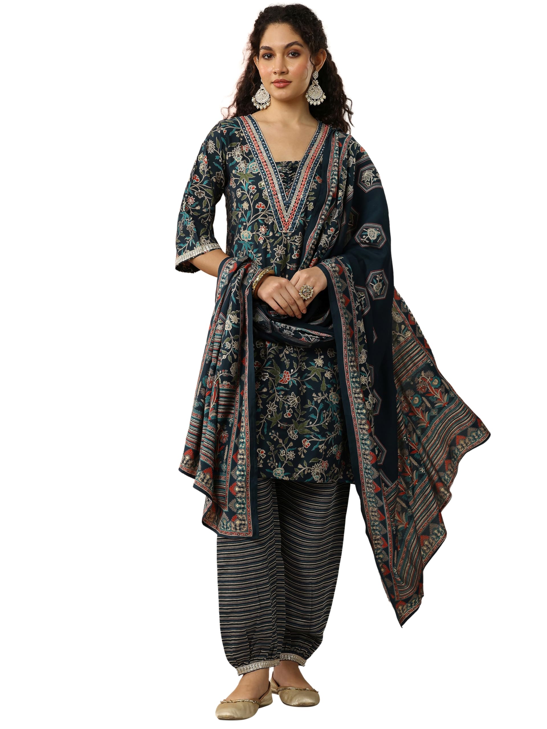 Libas Womens Printed Silk Blend A-Line Kurta With Salwar And Dupatta