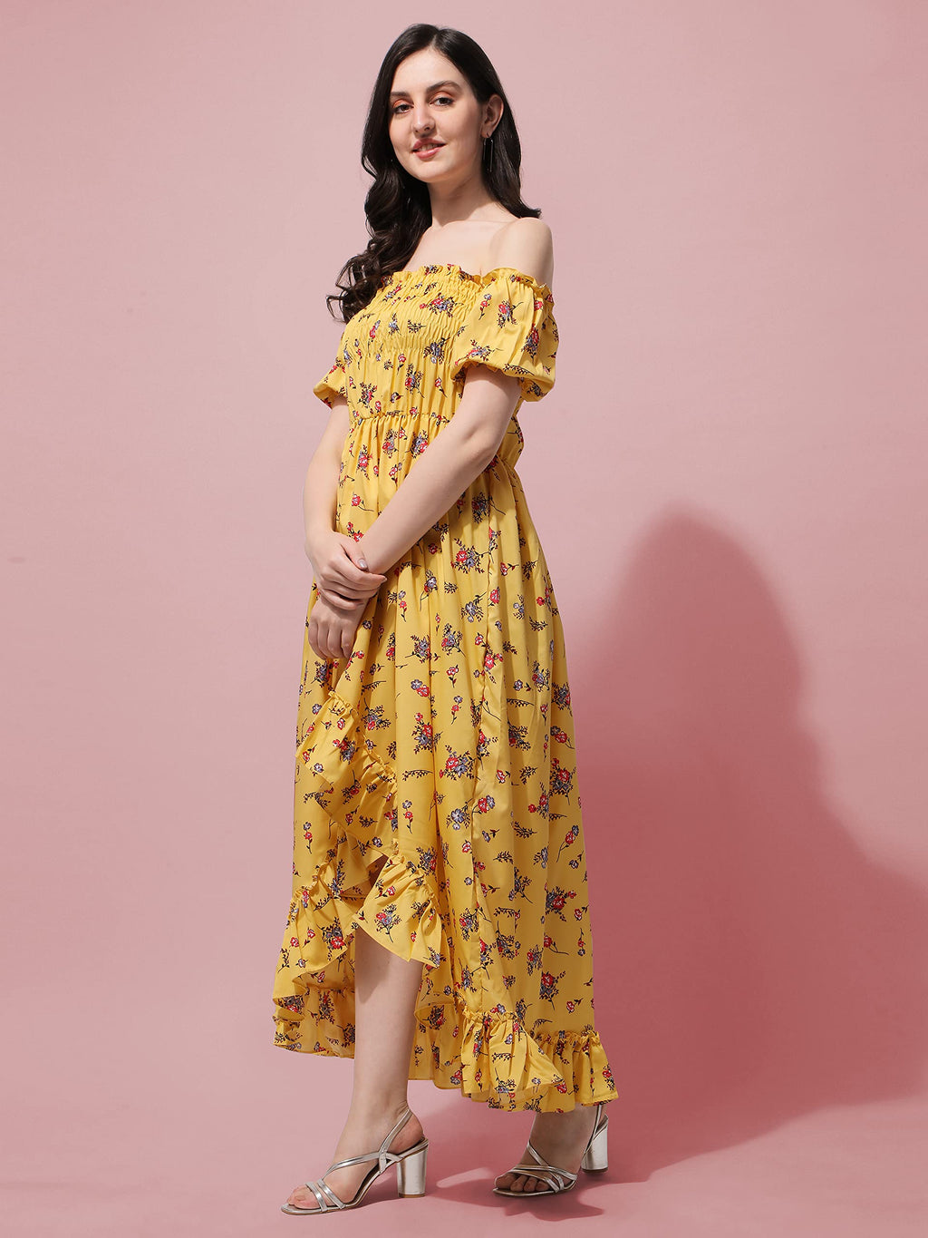 Oomph! Flared Dress For Women Stylish | Long One Piece For Women | Off Shoulder Puff Sleeve Long Dress | Floral Print Maxi One P