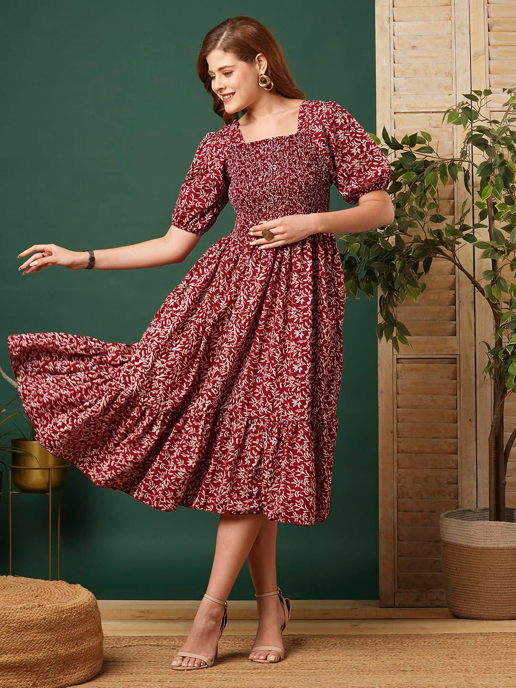 Kuduzo WomenS Crepe Maxi Dress With Half Sleeves Square Neck Line Floral Printed Pattern Maxi Length Regular Fit And Flare Maro