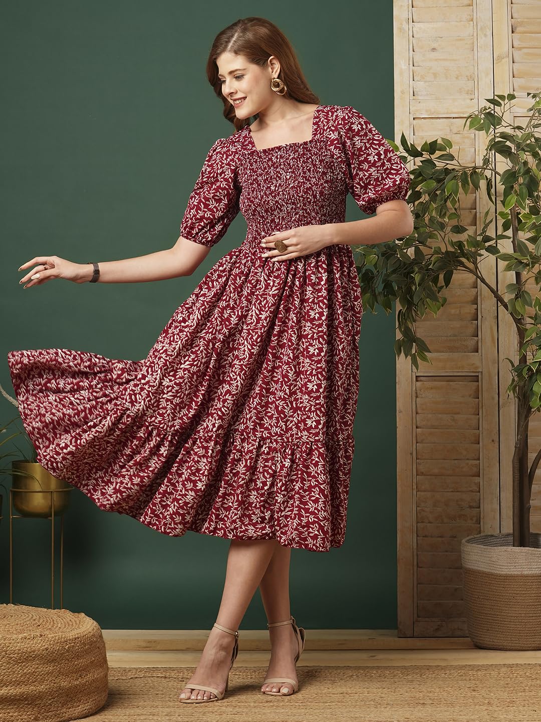Kuduzo WomenS Crepe Maxi Dress With Half Sleeves Square Neck Line Floral Printed Pattern Maxi Length Regular Fit And Flare Maro