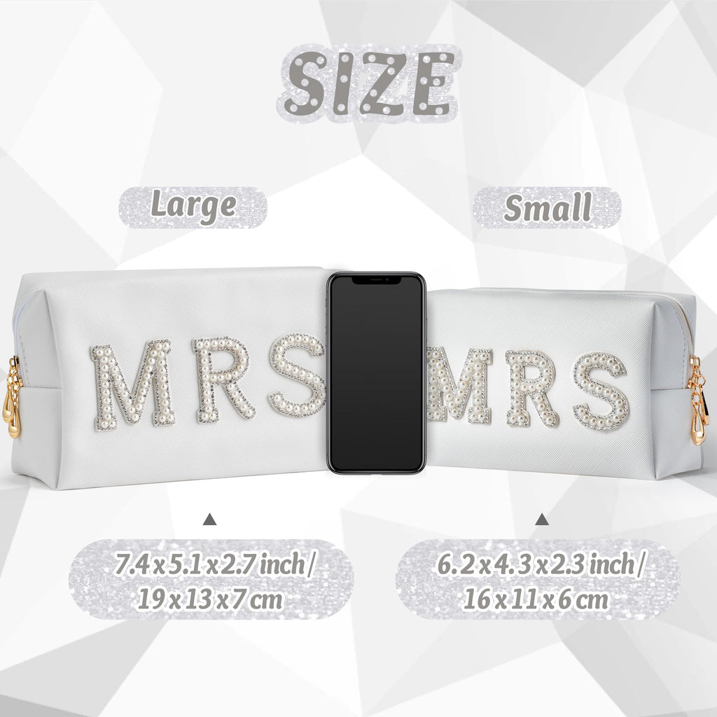 Y1tvei Mrs Cosmetic Large Bag - White Patch Varsity Letter MRS Toiletry Big Bag Pearl Rhinestone Letter Patches Big Makeup PU Ba