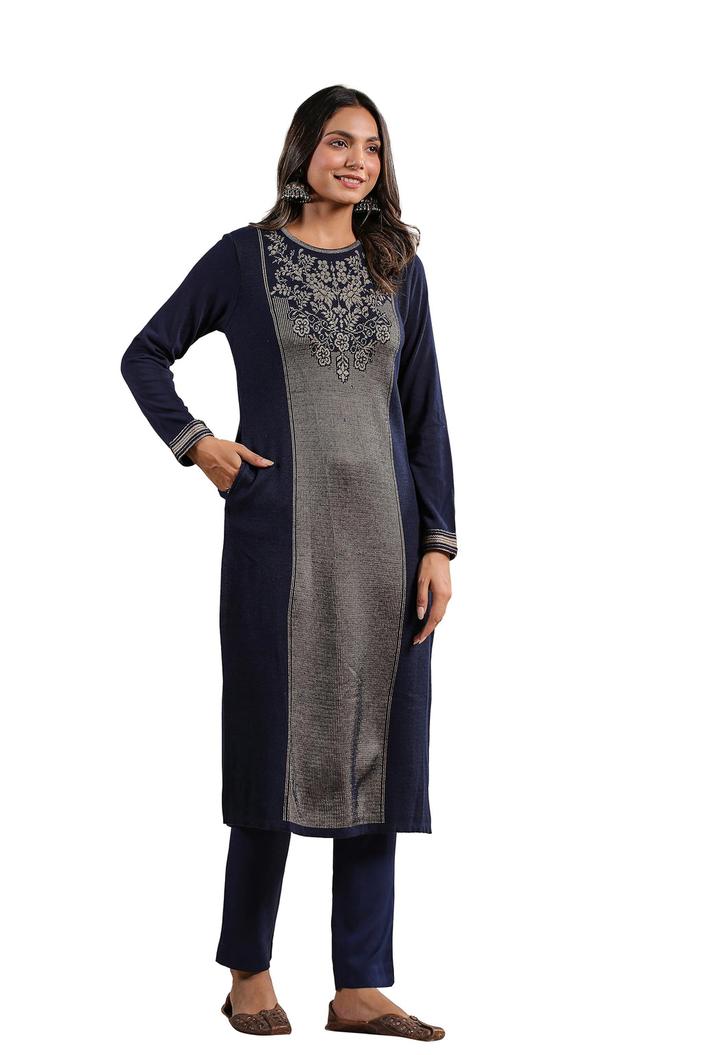 Ishin WomenS Navy Blue Jacquard Style Ethnic Motifs Straight Winterwear Kurta