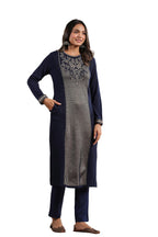 Ishin WomenS Navy Blue Jacquard Style Ethnic Motifs Straight Winterwear Kurta