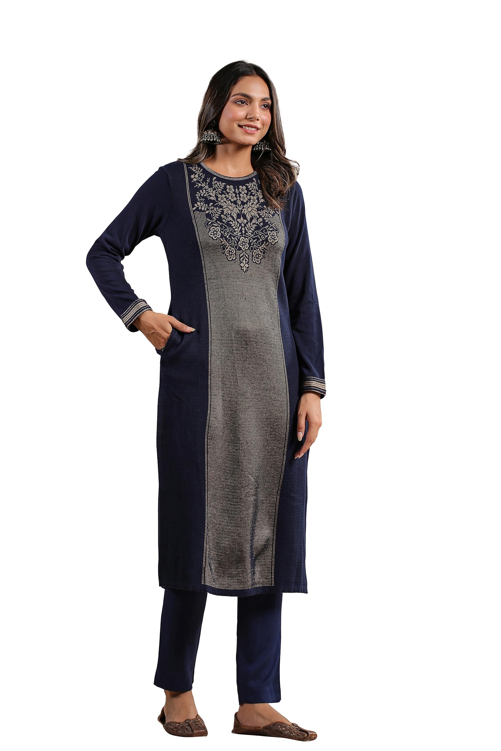 Ishin WomenS Navy Blue Jacquard Style Ethnic Motifs Straight Winterwear Kurta