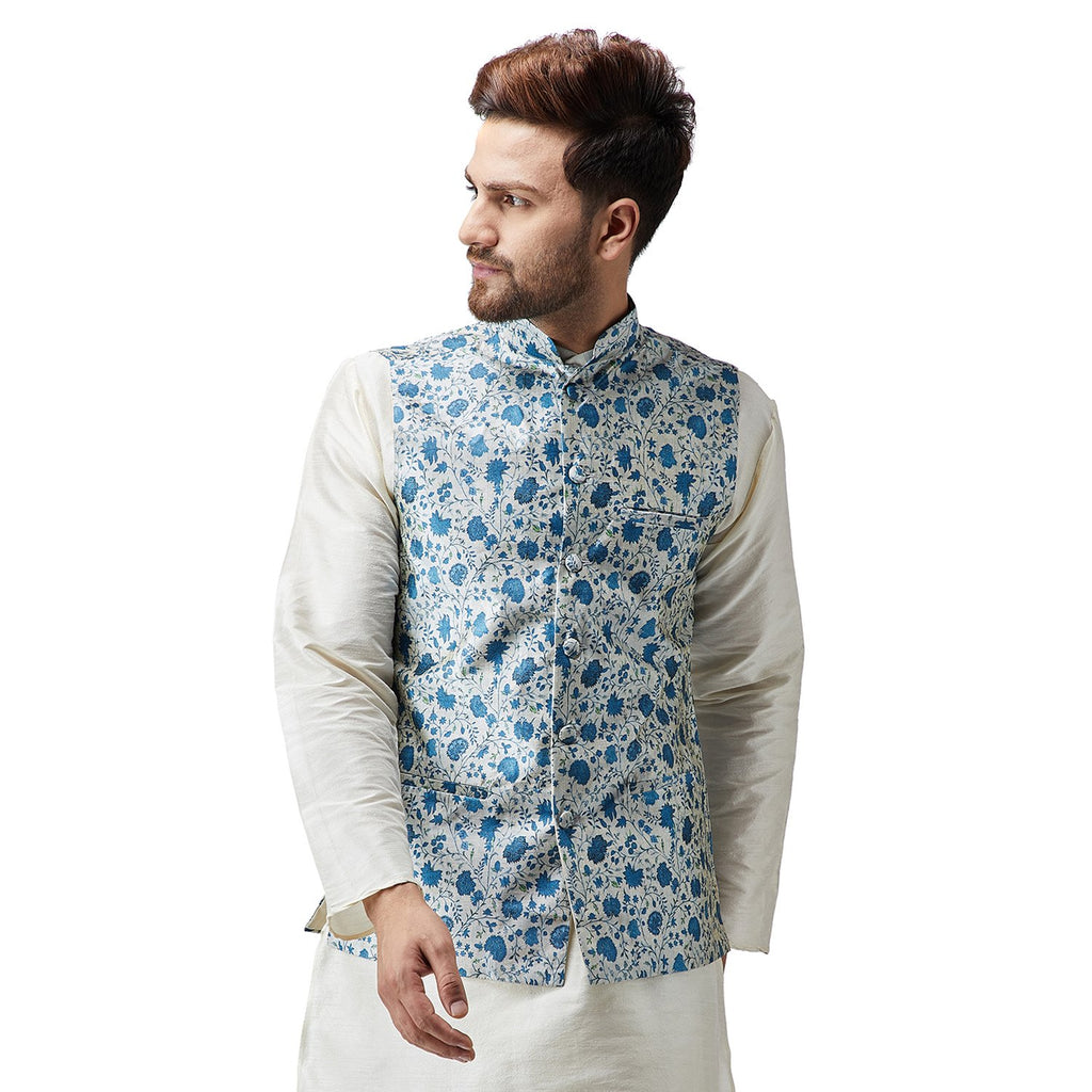 SOJANYA (Since 1958, Mens Silk Blend Blue Printed ONLY Nehru Jacket, Size: M(SJR-Nehrujacket-Print-502-38)