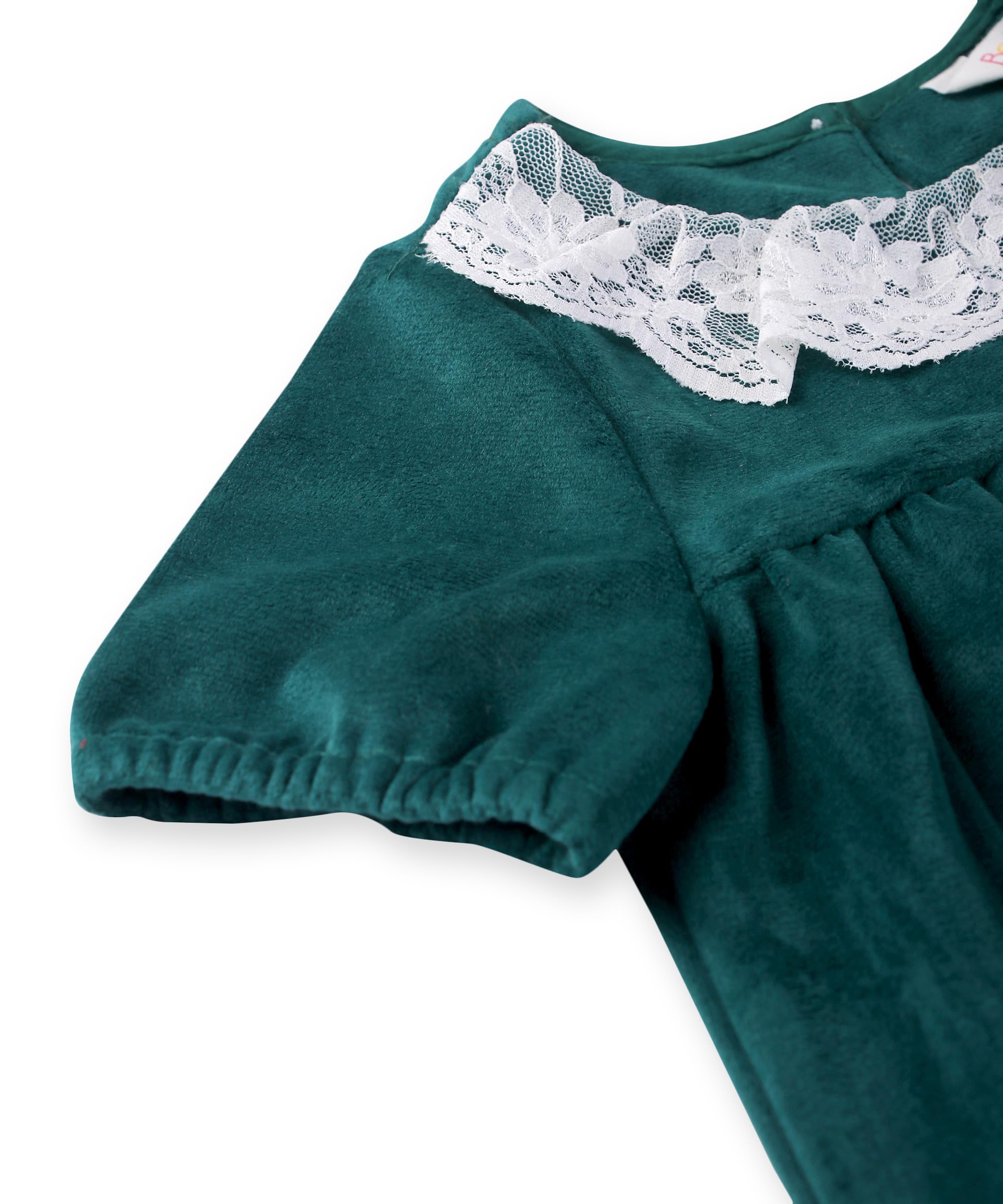 Beebay Kids Girls Lace Detailed Velvet A-Line Drrss Green