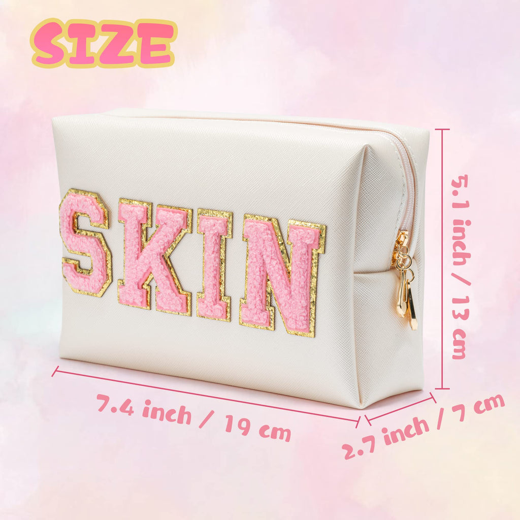 Y1tvei Preppy Patch SKIN Varsity Letter Cosmetic Toiletry Bag PU Leather Portable Makeup Bag Zipper Pouch Storage Purse Waterpro