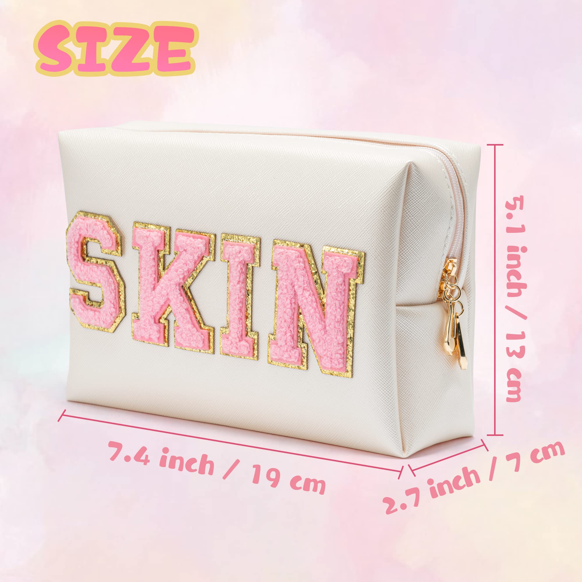 Y1tvei Preppy Patch SKIN Varsity Letter Cosmetic Toiletry Bag PU Leather Portable Makeup Bag Zipper Pouch Storage Purse Waterpro