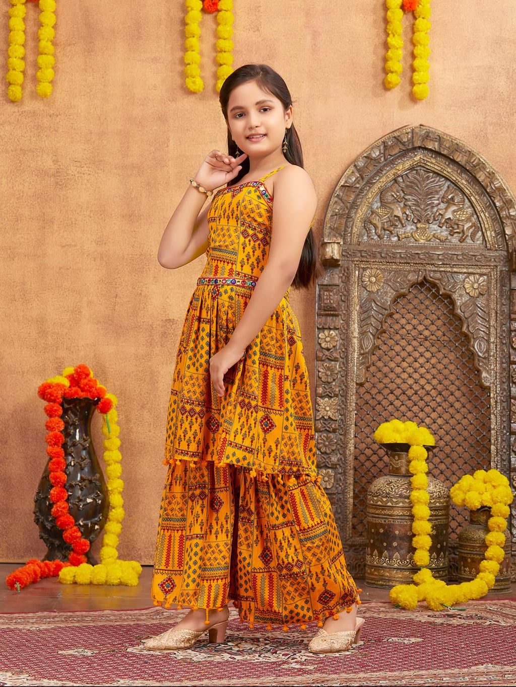 Aarika Girls Ethnic Wear Yellow Colour Printed Mirror Lace Polyester Kurti Sharara Set (10-15 Years)
