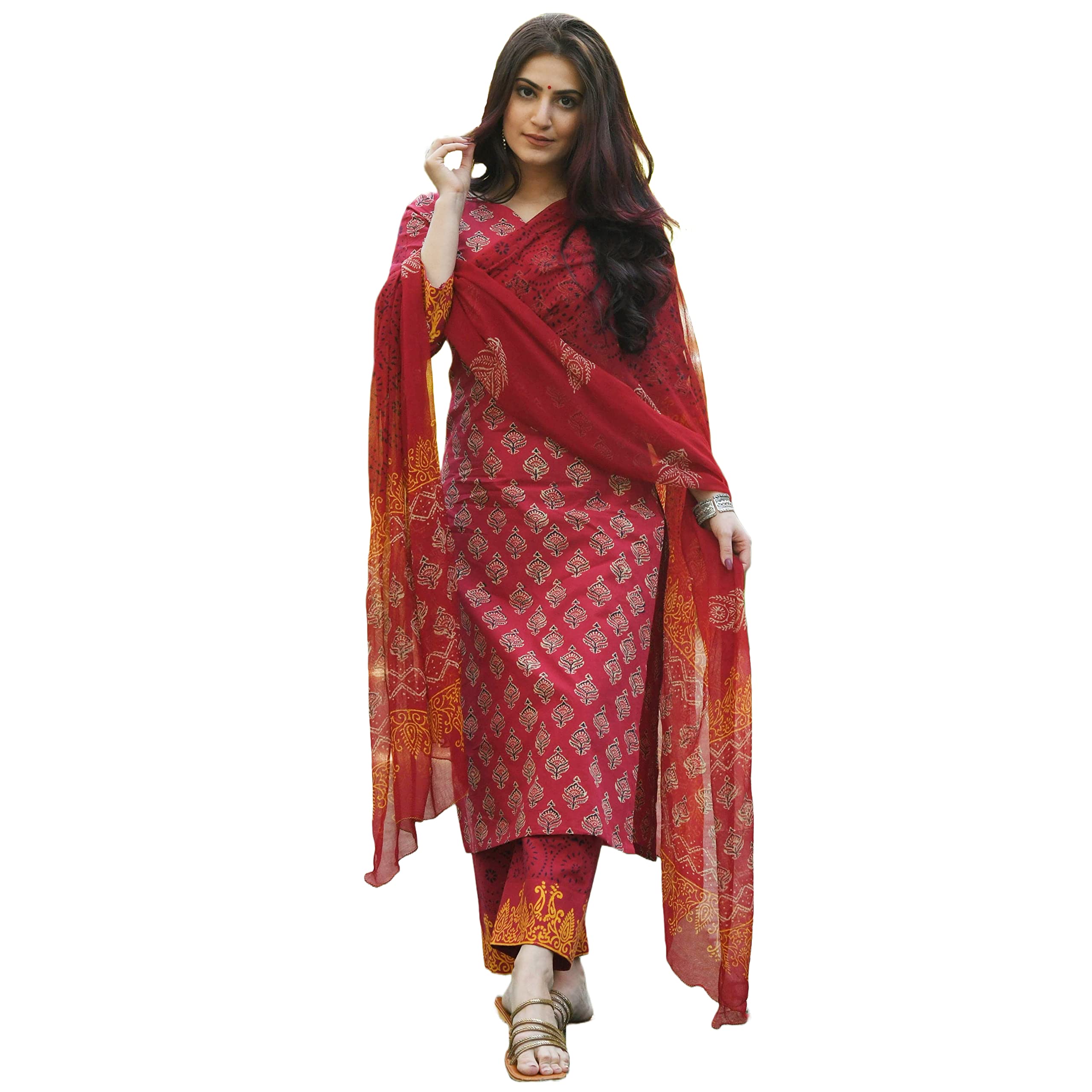 GoSriKi Womens Rayon Floral Printed Straight Kurta with Pants & Dupatta (Shank-Maroon-Nw08_XL-GS_Maroon_X-Large)