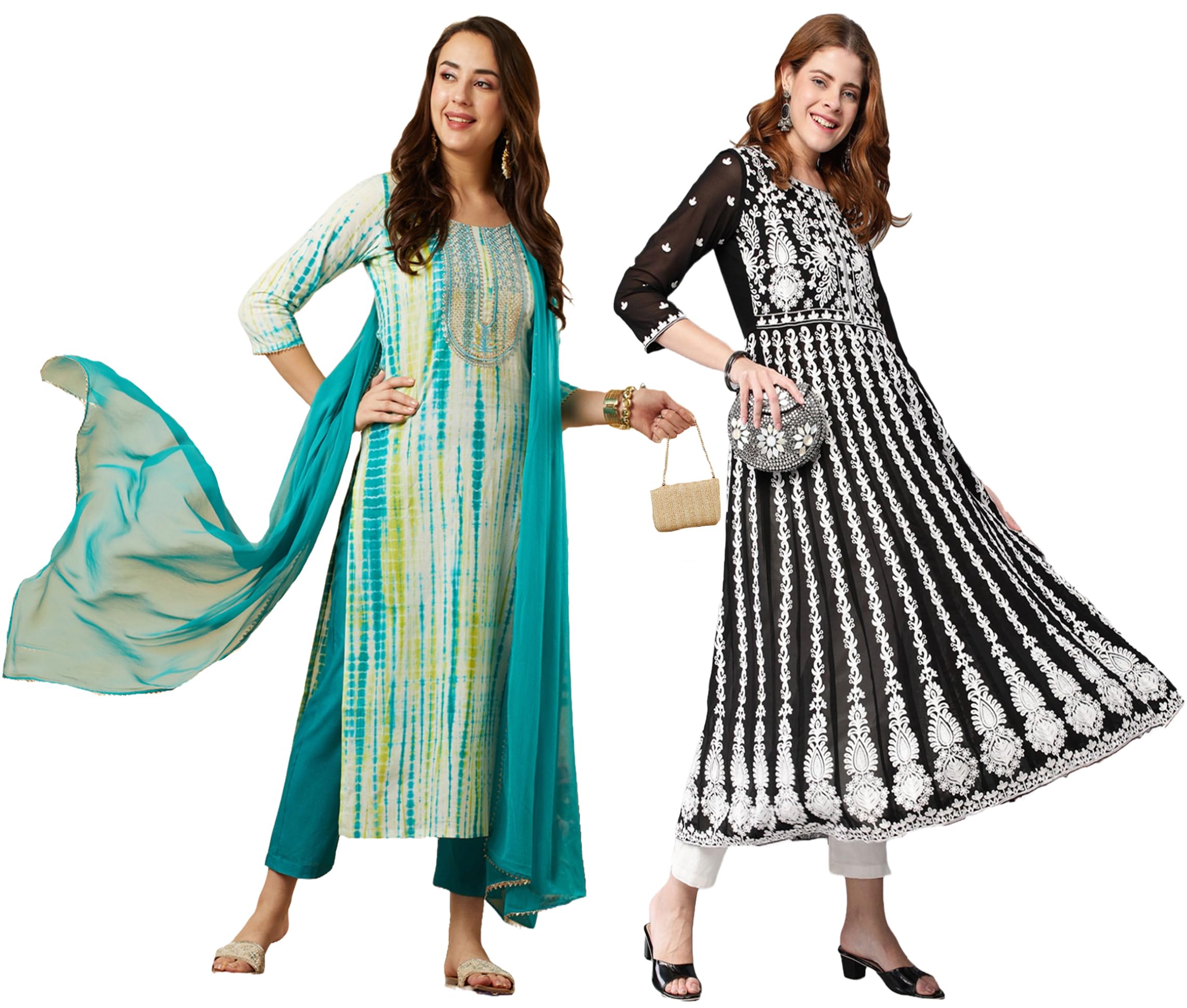 Gosriki Women'S Embroidered Kurti & Kurti Pant Dupatta Set Combo Pack Of 2 (Tiedye-Rama Blue & Kari Black-Gs_Xxl_Multi_Xx-Large)