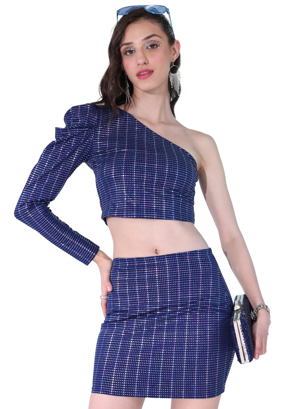 Ketch WomenS Polyester Mini Co-Ord Set (Khce000096_Blue/Silver Multi