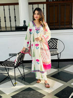 ANNI DESIGNER Women s Rayon Blend Printed Straight Kurta with Pants and Dupatta, white, L