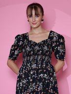 Sheetal Associates WomenS Casual Puff Sleeves Crepe Floral Print Fit And Flare Dress Black