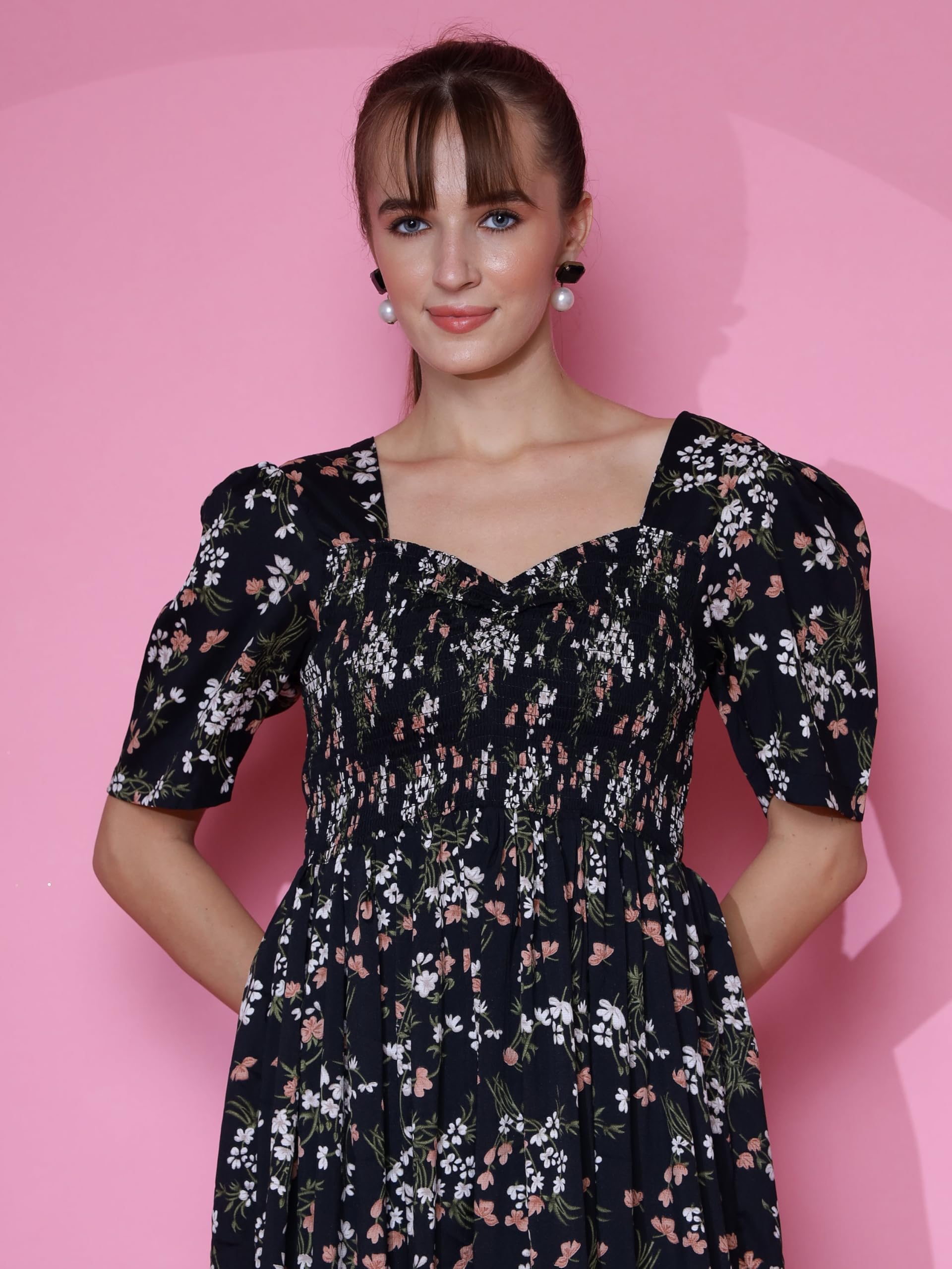 Sheetal Associates WomenS Casual Puff Sleeves Crepe Floral Print Fit And Flare Dress Black