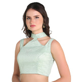 Pujia Mills Womans Readymade Sleeveless Pista Blouse Halter Neck with String Pattern Backless Ethnic wear Pattern Choli Blouse