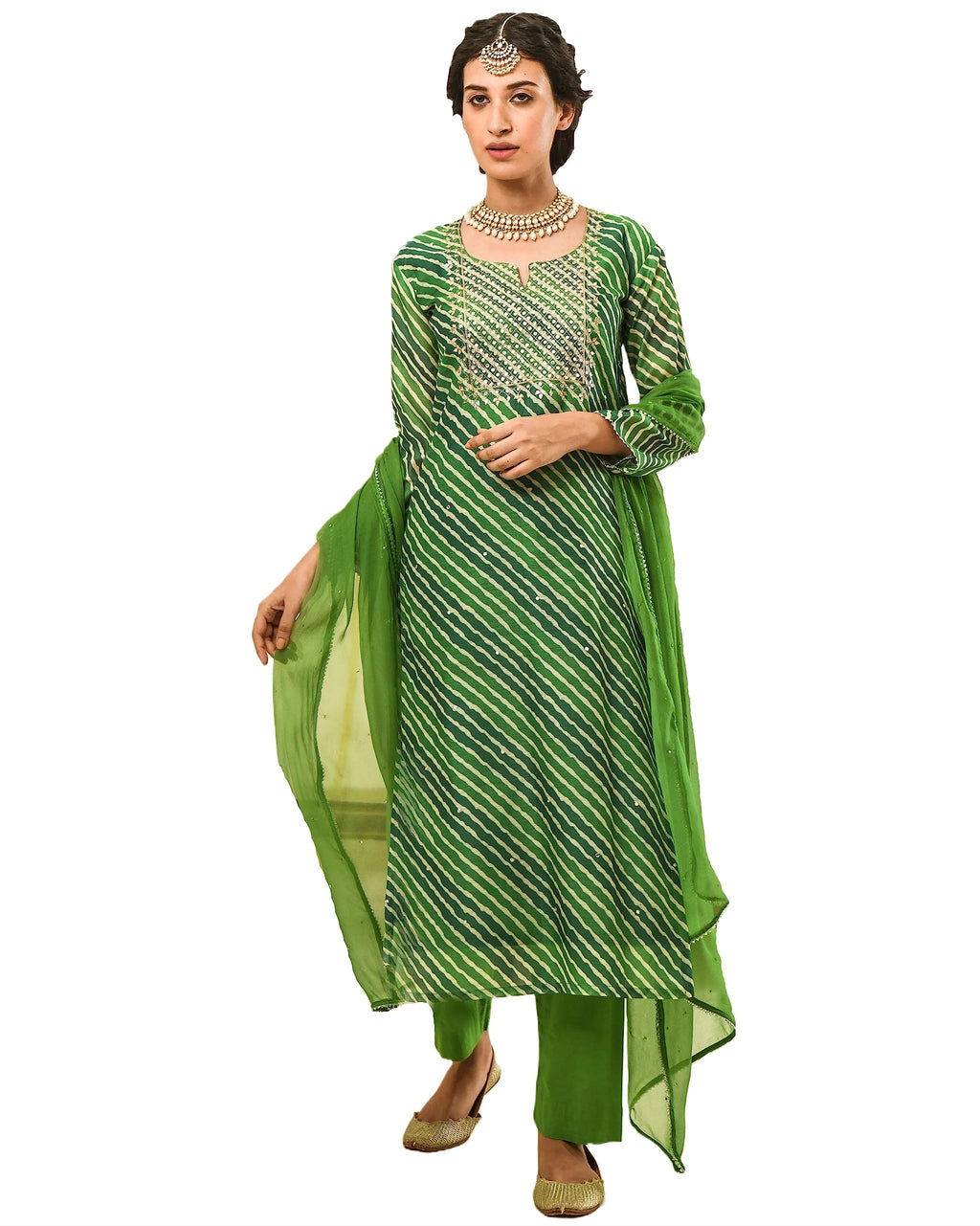 Gosriki Women'S Georgette Printed Straight Embroidered Kurta With Pant & Dupatta (Rupkla Mehandi-Gs_L_Green_Large)