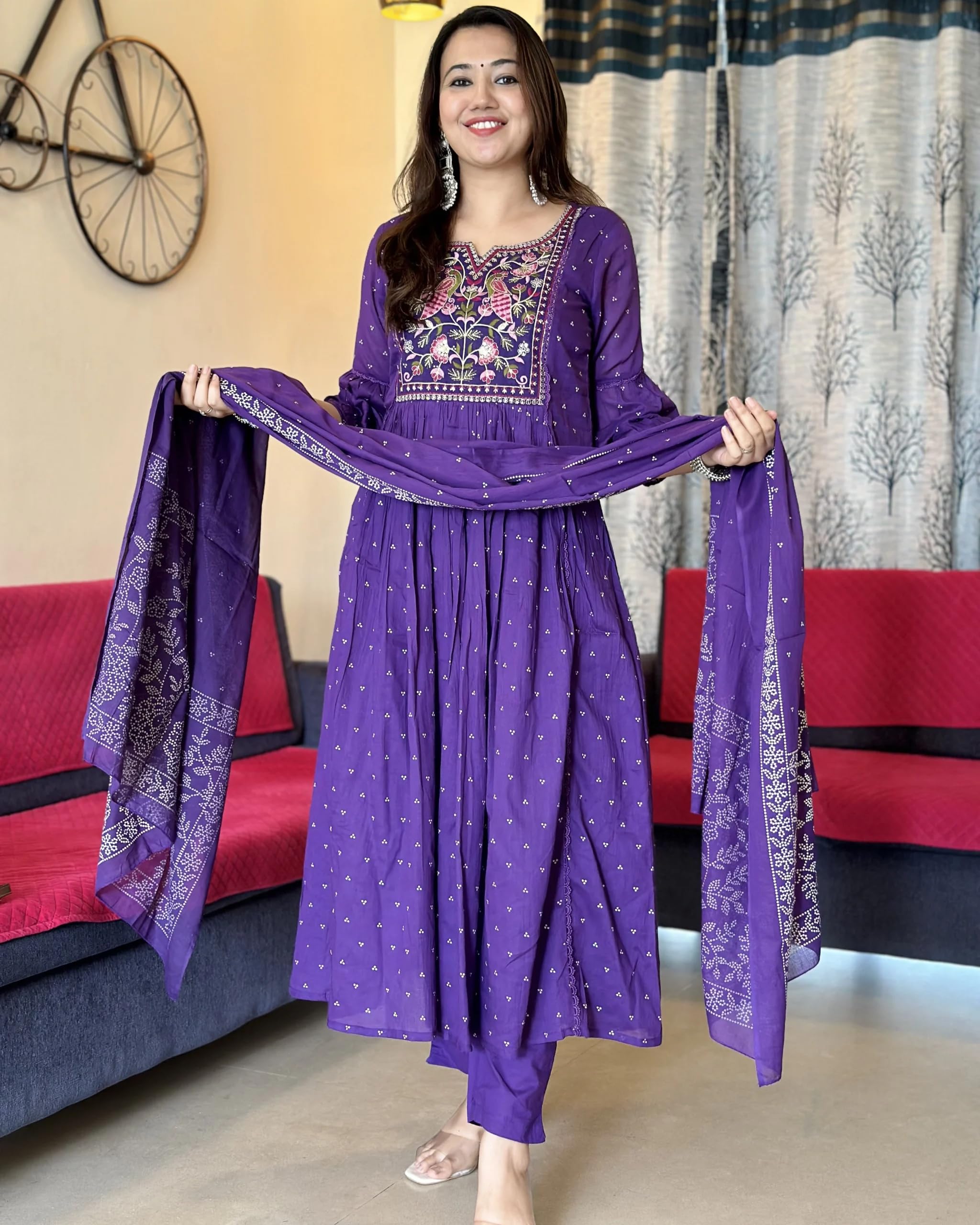 ANNI DESIGNER Womens Rayon Blend Printed Anarkali Kurta with Pant & Dupatta (Kanota Blue_XXL_Blue_XX-Large)
